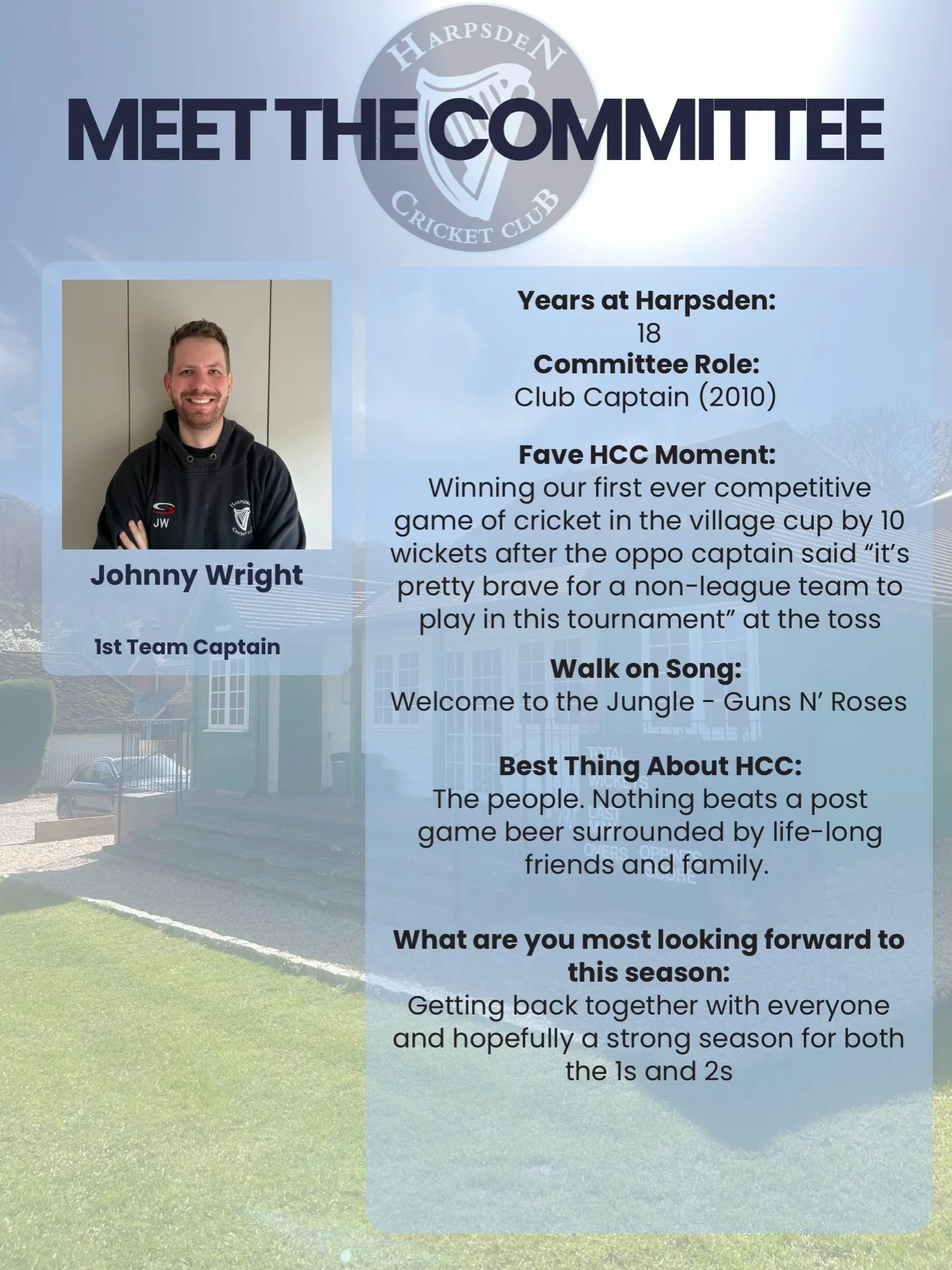 Meet the committee 👋 

Rolling on with our Meet the Committee series &mdash; and this time it&rsquo;s the man leading from the front&hellip;

Johnny Wright &mdash; 1st Team Captain.

Johnny&rsquo;s been part of Harpsden for 18 years and has captaine