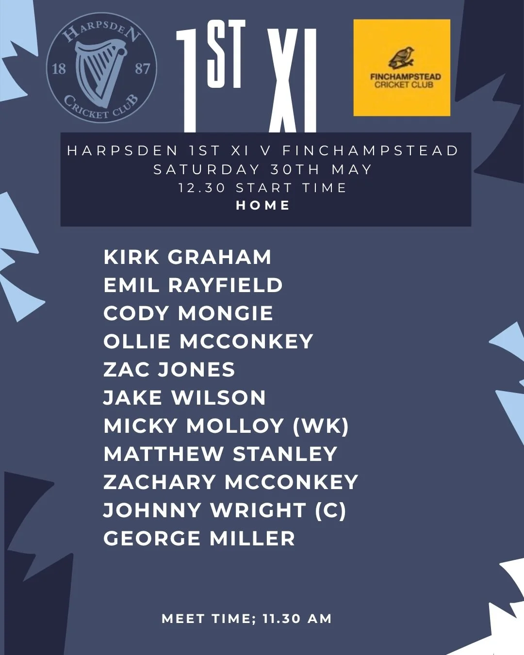 Weekend Team Sheet

🏠 1st XI: Home vs Finchampstead &mdash; 12.30 start (meet 11.30).

🛣️ 2nd XI: Away at West Reading &mdash; 12.30 start (meet 11.30).

Hopefully a full day of wins &mdash; on the cricket pitch and later on for the football too 💪