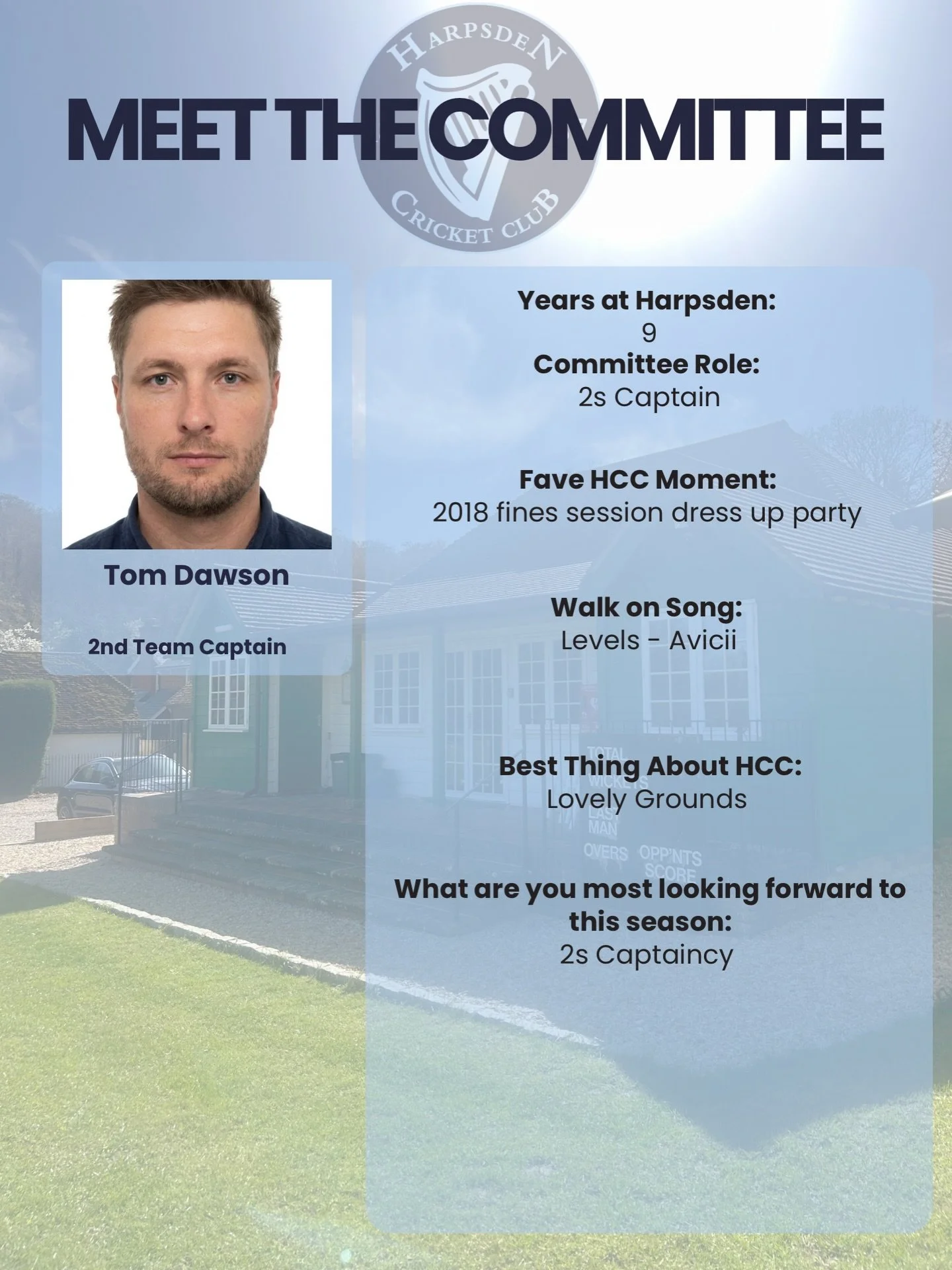 Meet the Committee 👋

Next up &mdash; the man steering the 2s this season.

Tom Dawson &mdash; 2nd Team Captain.

Nine years at Harpsden, big energy, minimal fuss. His favourite moment? The legendary 2018 fines‑session dress‑up party. This year, he&