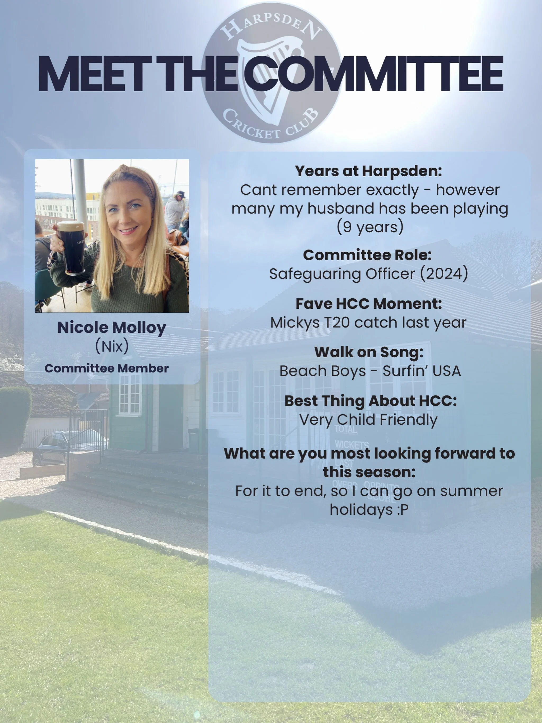 Meet the Committee 👋

Say hello to someone who keeps things fun, honest, and very Harpsden.

Nicole &ldquo;Nix&rdquo; Molloy &mdash; Safeguarding Officer.

She&rsquo;s been around as long as Micky&rsquo;s been playing (give or take&hellip;), and her