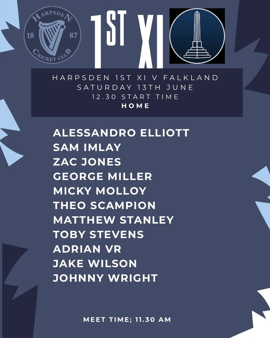 Weekend Teamsheet 📝 

Another Saturday of league cricket for Harpsden Cricket Club.

🏠 1st XI: Home vs Falkland &mdash; 12.30 start (meet 11.30).
🛣️ 2nd XI: Away at Reading Lions &mdash; 12.30 start (meet 11.30).
Two focused XIs looking to put in 