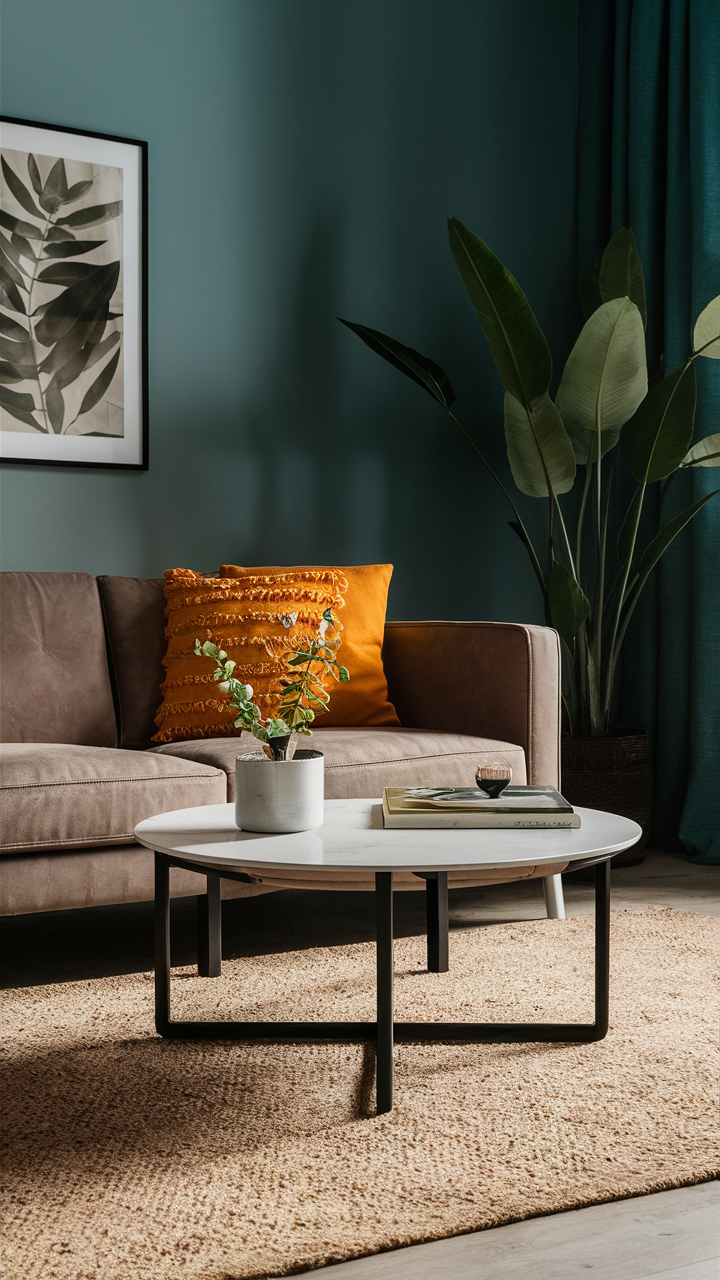 Salon moderne avec un canapé beige, un coussin orange, une table basse en marbre blanc, une plante verte et un tableau avec des feuilles sur un mur vert