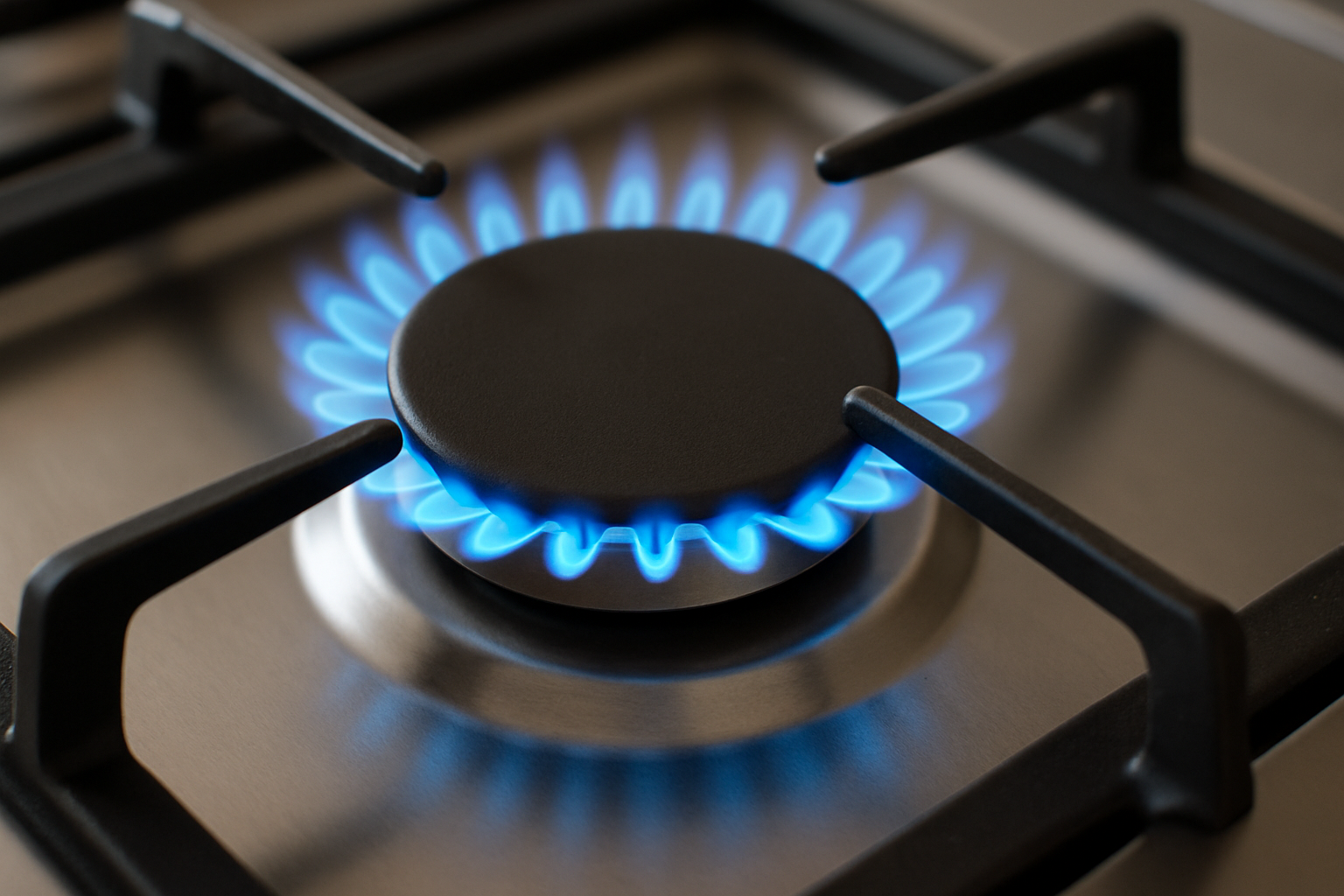 Close-up of a gas stove burner with blue flames fueled by natural gas.