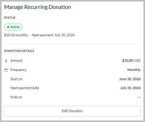 An example recurring donation in the new donor account, showing basic information and the Edit Donation action.