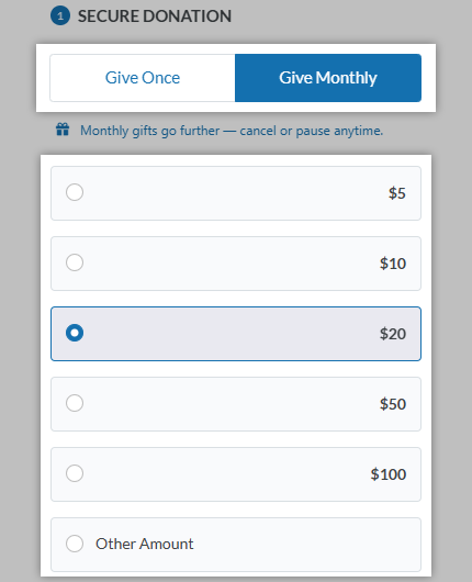 The new donation page, with the Give Monthly option and a $20 donation selected.