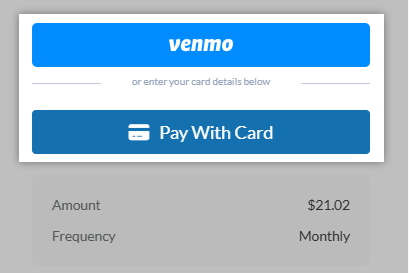 The options to pay for the donation with credit card or Venmo.
