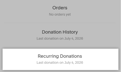 The Account side bar of the donor account, with Recurring Donations highlighted.