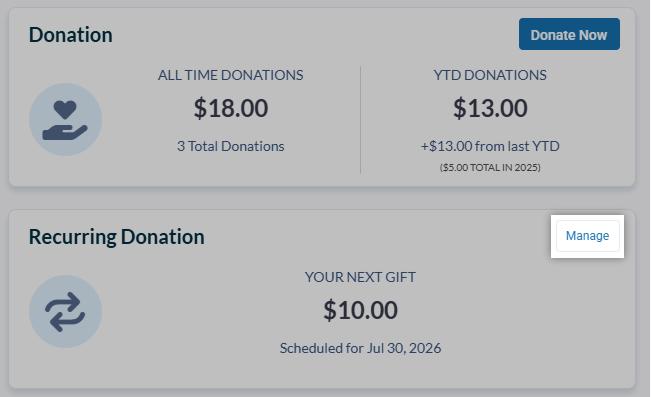 The dashboard of the new donor account, with the Manage action highlighted.