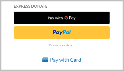 The options to pay for your donation with, Google Pay, PayPal, or credit card.