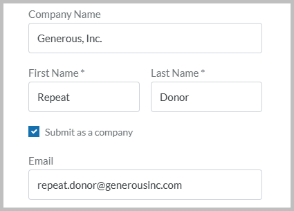 The information fields of the donation form filled out, and the checkbox enabled to submit the donation as a company.