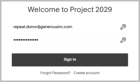 The login page for the original donor account, with a username and password entered.
