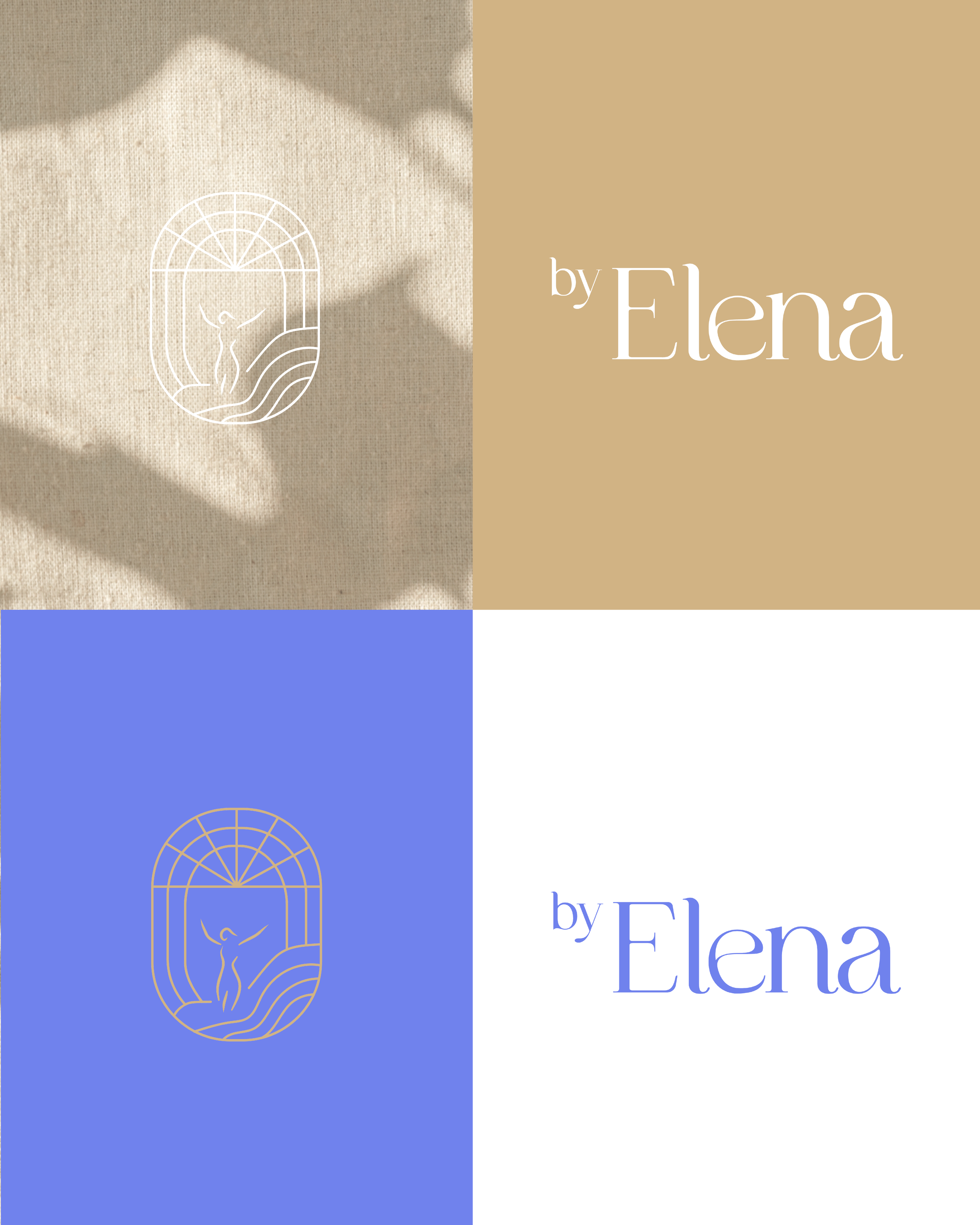 Grafik mit minimalistischem Logo eines Menschen in einem gewölbten Fenster und Text "by Elena" in verschiedenen Farben, aufgeteilt in vier Felder: beige, blau, beige, und weiß.