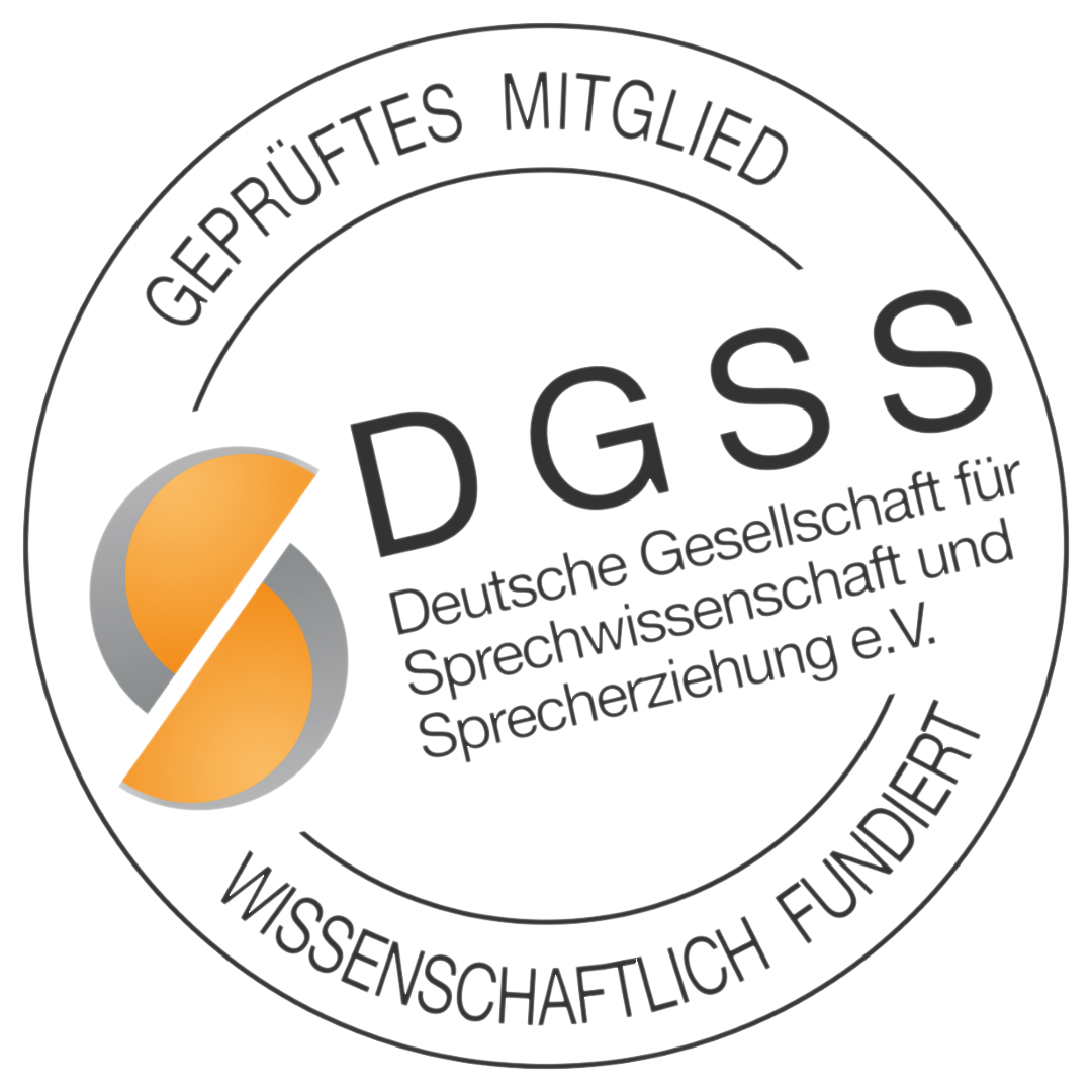 Siegel mit Aufschrift der Deutschen Gesellschaft für Sprachwissenschaft und Sprecherziehung, mit Qualitätszertifizierung für wissenschaftliche Fundierung