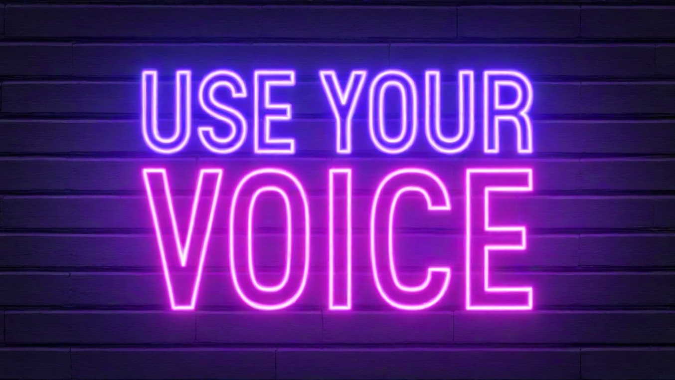 Neon-Schriftzug auf einer Wand mit der Aufschrift 'USE YOUR VOICE' in blau und pink.
