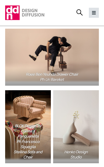 Pagina web con tre immagini di mobili di design e un logo 'ddn' in alto a sinistra