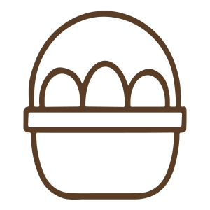 A simple line drawing of a basket with three eggs inside.