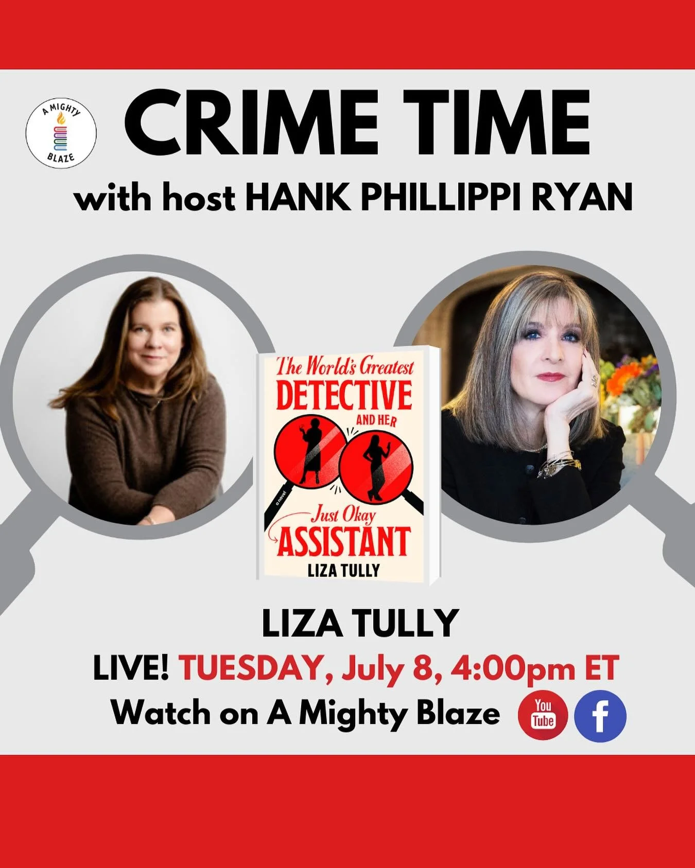 Tune in on Tuesday, July 8, to listen to my interview with the inimitable Hank Phillippi Ryan on &ldquo;Crime Time.&rdquo; If you miss it, you can catch my interview&mdash;and many more!&mdash;on Facebook at A Mighty Blaze and YouTube at Crime Time. 