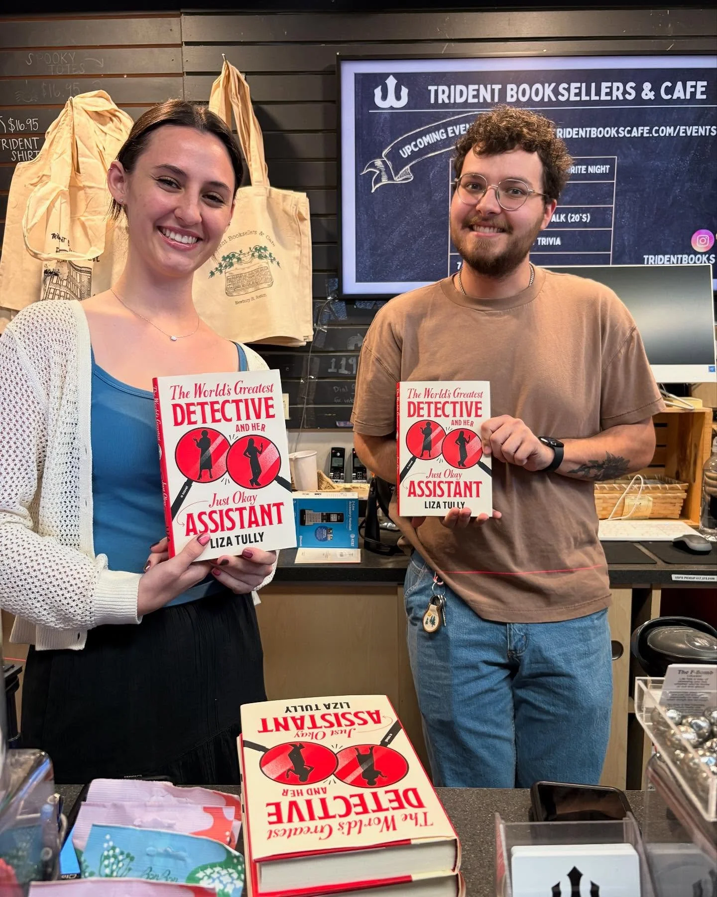 Many thanks to my new friends Emily and Emre at the wonderful @tridentbooks on Newbury Street in Boston for hauling out a box of my books and letting me use their sharpie and affixing all those &ldquo;signed copy&rdquo; stickers. Nothing good happens