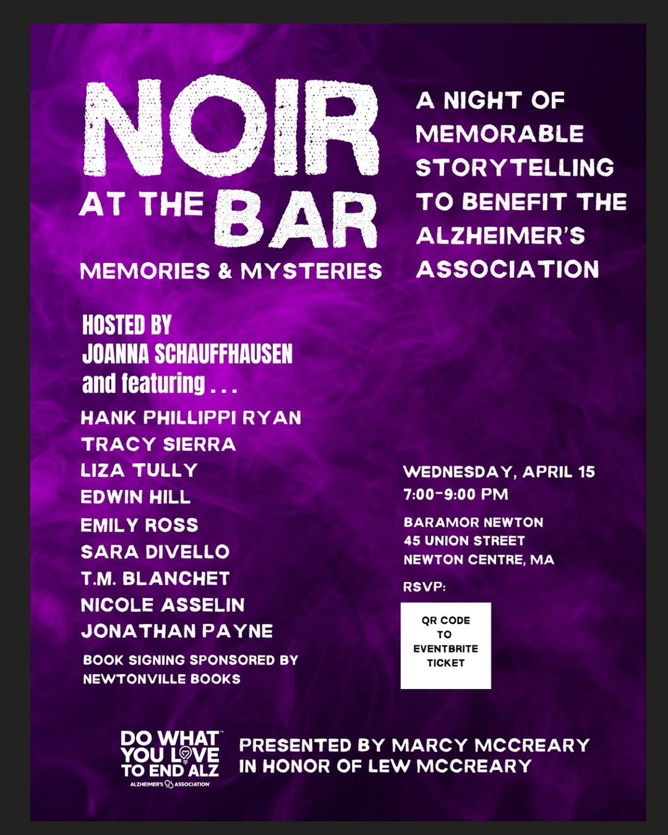 Hi local friends! Please join me on Wednesday, April 15, at 7 PM in Newton Centre for a fundraiser to support Alzheimer&rsquo;s research. There will be readings, food, fun, and old and new friends to meet and share the evening with. I can&rsquo;t wai