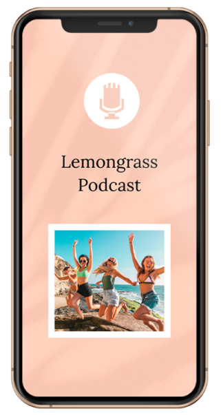 Smartphone screen showing a Lemongrass Podcast app with a photo of four friends jumping on a beach.