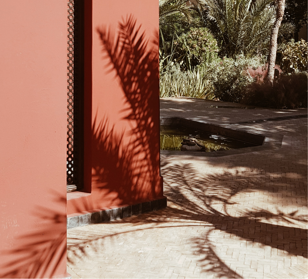 Shadows of palm trees cast on a peach-colored wall and brick pavement in a garden with greenery and a small water feature.