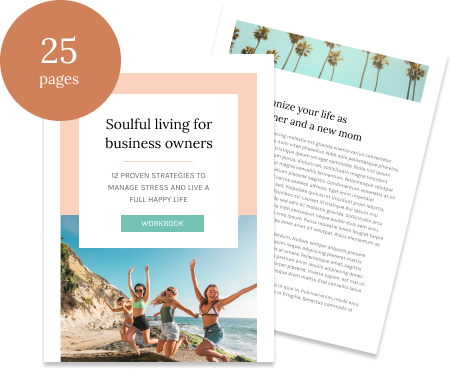 A workbook titled 'Soulful Living for Business Owners' with images of three women running and playing on a beach, and a second page with palm trees at the top.