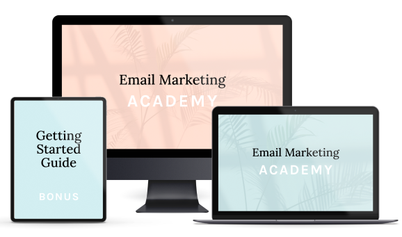 Screens displaying content for Email Marketing Academy, including a world of digital devices like a monitor, tablet, and laptop with titles such as 'Getting Started Guide' and 'Bonus'.