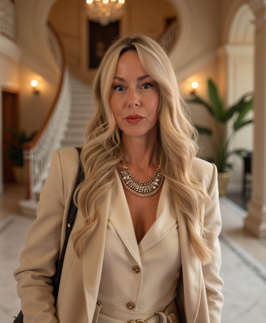 A blonde woman wearing a cream-colored blazer and a large statement necklace, standing inside a luxurious mansion with a grand staircase in the background.