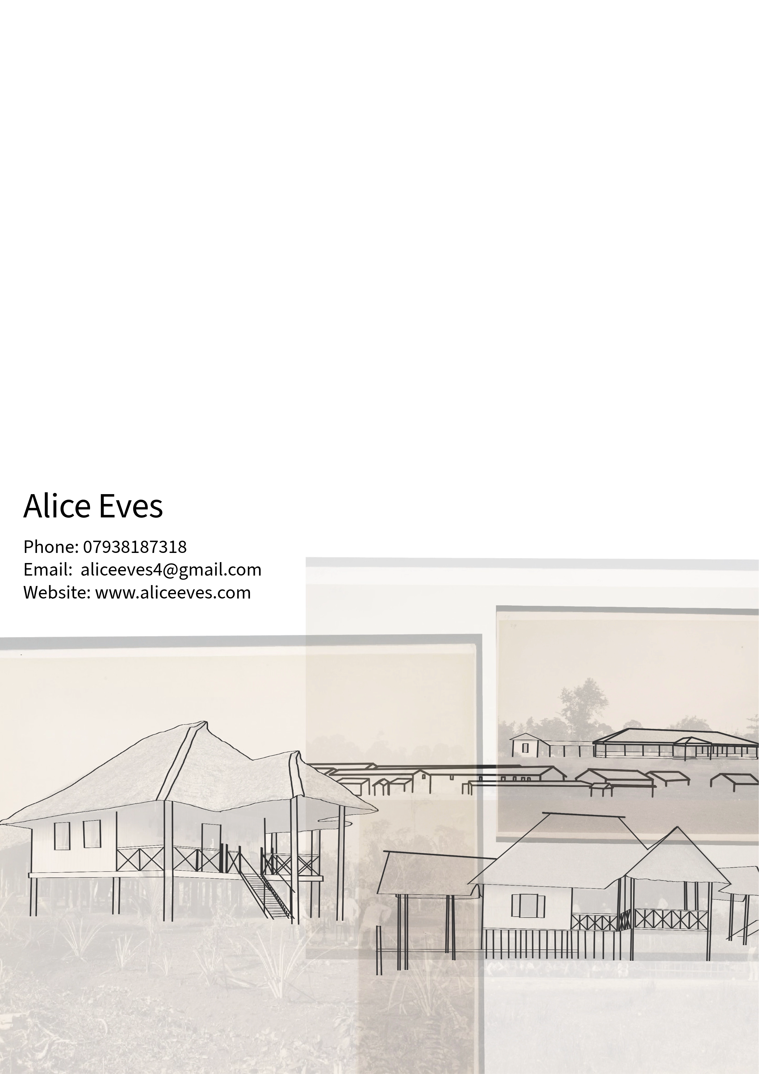 A line drawing of a seaside resort with overwater bungalows, umbrellas, and palm trees, set against a background of mountains and sky.