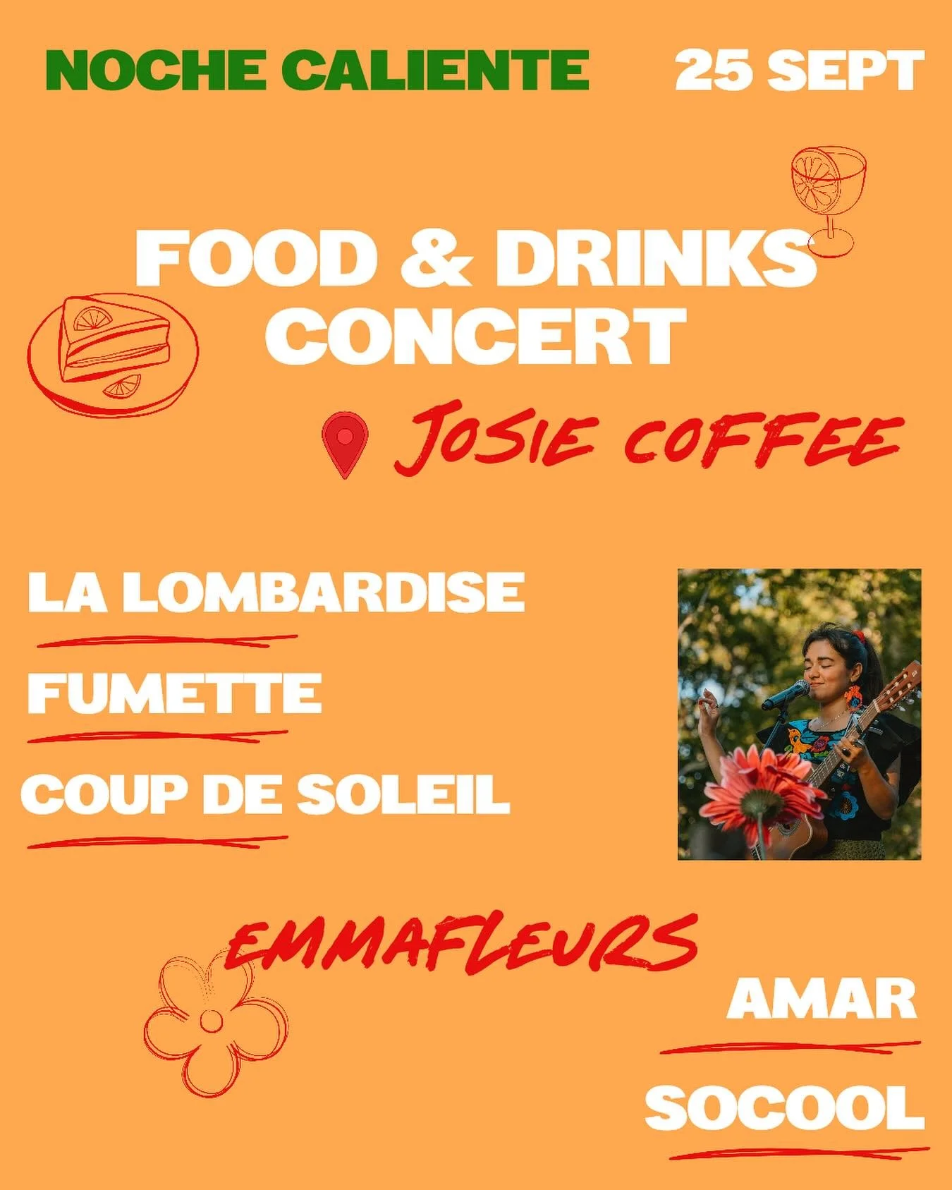 Viens te r&eacute;chauffer demain soir &agrave; partir de 18h30 au @josiecoffee.capferret 🌞

MEXICAN CONCERT &amp; FOOD 🌮
Concert de @emmafleurs et @franck.leymeregie_percussion 
Tacos &amp; quesadillas by @lalombardise 
Planches fum&eacute;s de @f