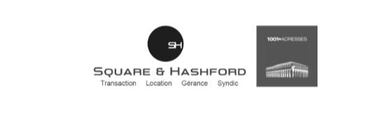 Logo de Square & Hasford avec texte sur transaction, location, gérance, syndication et une image de l'immeuble.