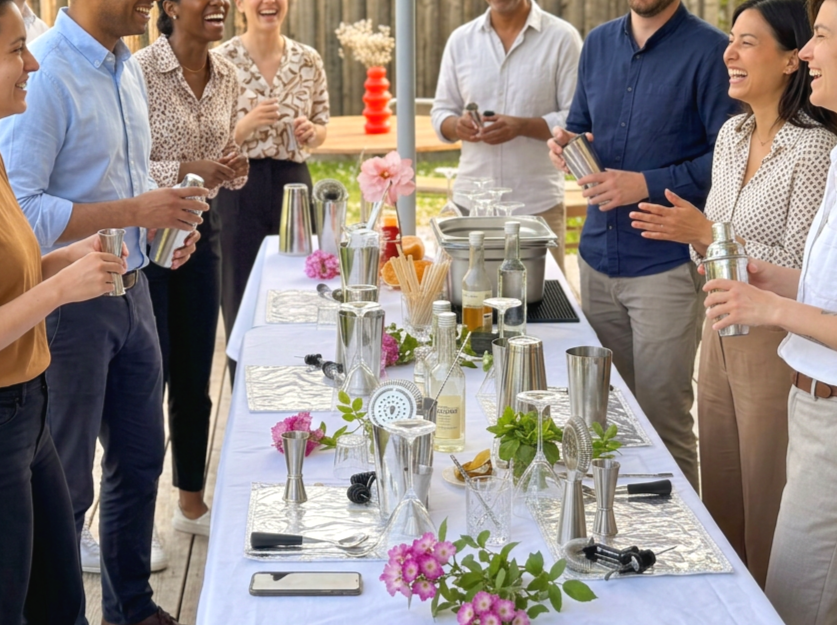 Groupe de personnes souriantes autour d'une table décorée avec des fioles, verres à cocktail, fleurs et snacks, lors d'un rassemblement en plein air.
