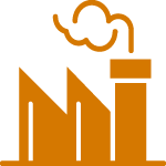 Black and orange icon of a factory with three chimneys, one emitting smoke