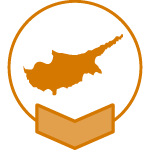 Silhouette of Cyprus inside a circle with a blank banner underneath.