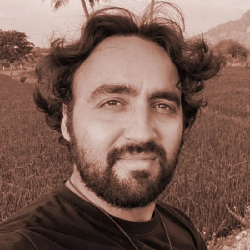 Close-up of a man with curly hair and a beard outdoors in a field, with mountains and trees in the background.
