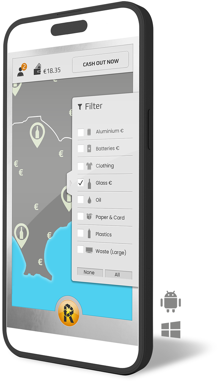 A mobile app screen showing a map with recycling or waste collection points marked by icons. A filter menu is open, highlighting the 'Glass' category. The user has €18.35 available and the app displays options for waste sorting.