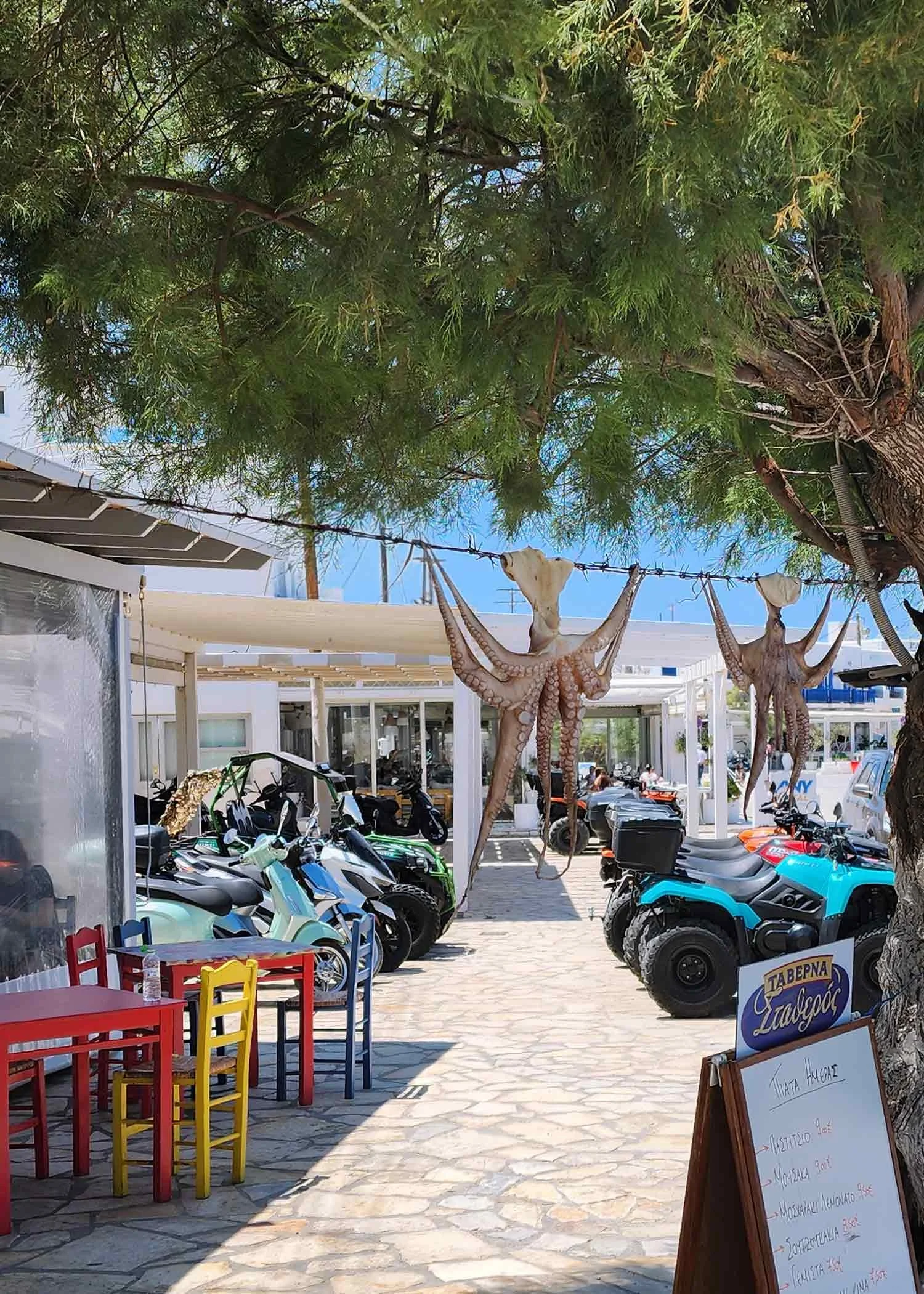 Antiparos village octopus hanging in front of quad bikes
