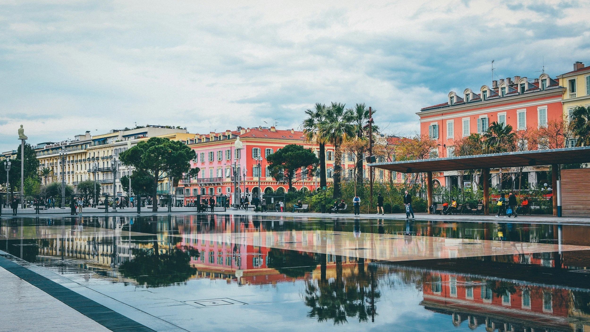 Nice France town square and colourful buildings
