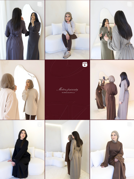 Six women shopping for or trying on modest dresses in a boutique, with a central text card reading "Modern femininity Women beautifully."