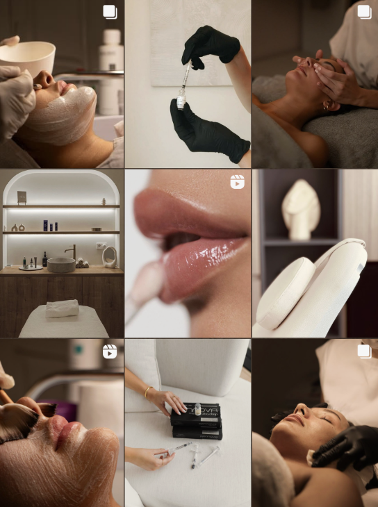 A collage of images depicting a skincare and beauty treatment setting, including facial treatments, skincare products, a salon sink, and tools used by professionals.