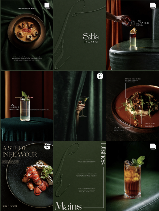 Collage of images featuring food and drink at a restaurant, with elegant dark green and earthy tones, including seafood, cocktails, and a dessert.