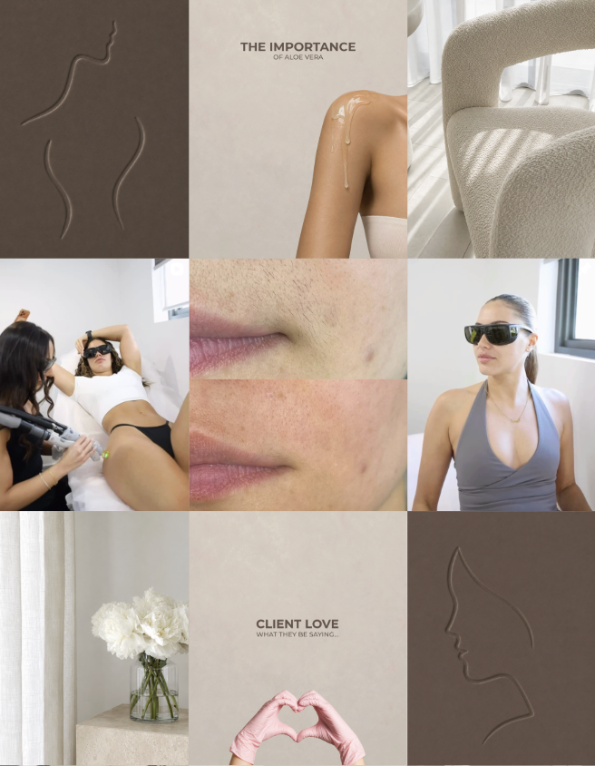 Collage of images related to skincare and beauty treatments, including close-ups of skin, a woman receiving laser treatment, women wearing sunglasses, and decorative elements like a vase of flowers and minimalist wall art.