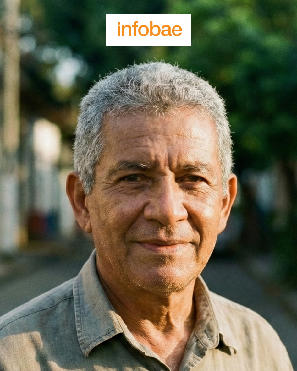Retrato de un hombre mayor con cabello canoso, sonriendo suavemente, con fondo borroso de un entorno exterior con árboles y camino.