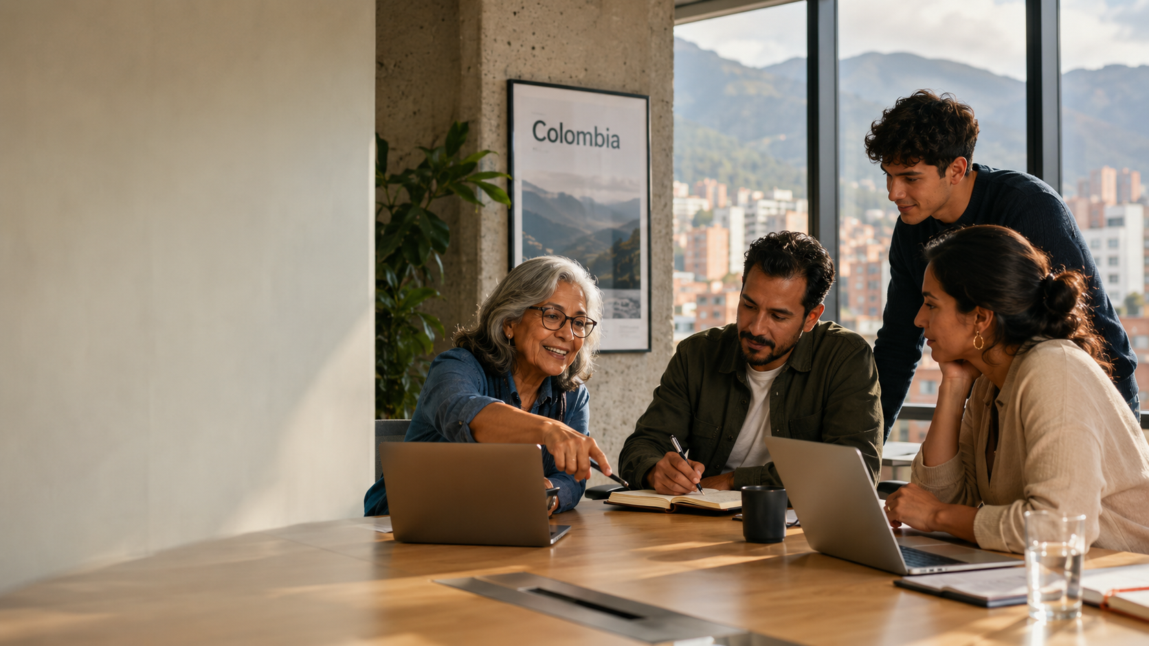 Grupo de cinco personas en una reunión de trabajo, discutiendo y tomando notas, con laptops y una pared con un cartel que dice "Colombia" en el fondo.