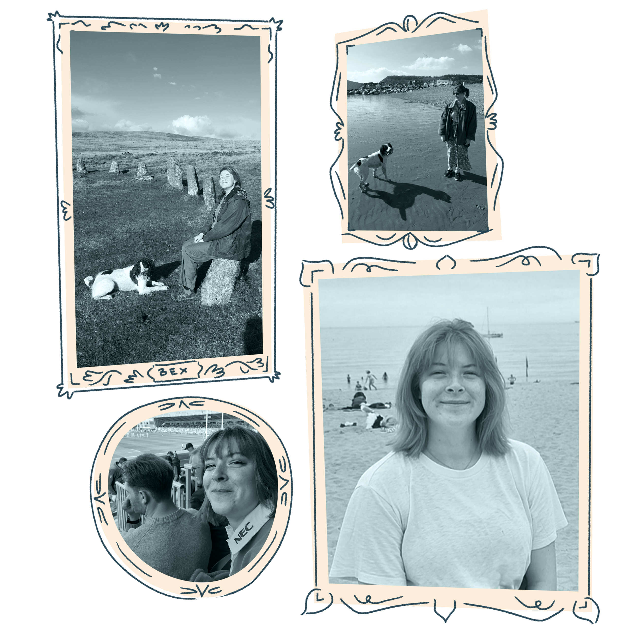 Collage of five black-and-white photographs featuring a woman and her dog in outdoor settings. The top left photo shows her sitting on a rock with her dog lying nearby, labeled 'BEX'. The top right photo shows her walking her dog along a shoreline. The bottom right photo is a portrait of her smiling at the beach. The bottom left photo shows her smiling at an event with a woman in the foreground, with a round border around the image.