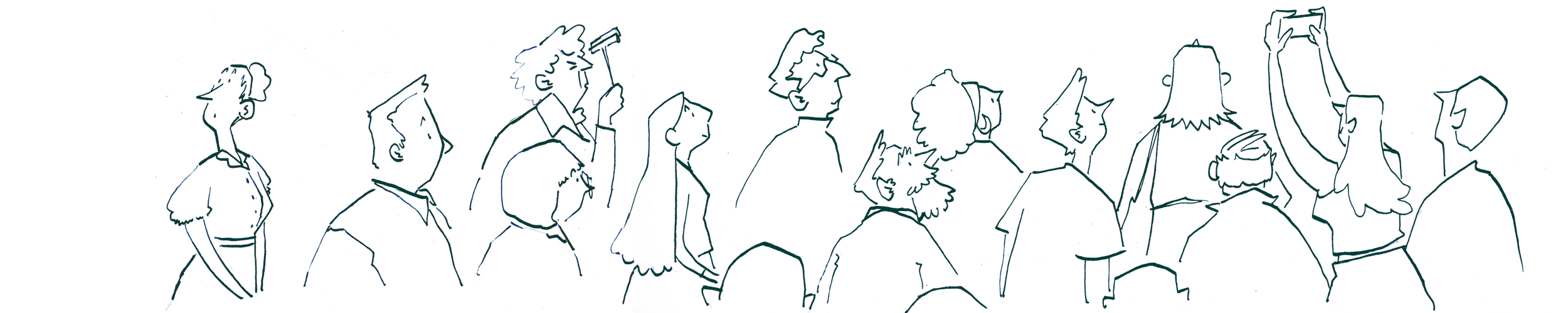 Dark background with light outlines of people in a line, some wearing graduation caps and gowns, as if at a graduation ceremony.