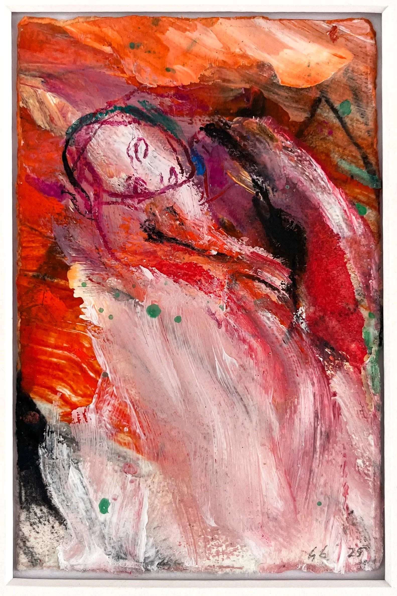 'Flux' .
2025 . 14 x 9.5cm Mixed medium on etching paper . mounted, not framed. £200 .