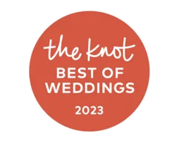 Red circular badge with white text that reads "the knot BEST OF WEDDINGS 2023"