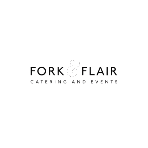 Logo with the words "FORK & FLAIR" and "CATERING AND EVENTS," featuring a stylized fork and spoon intertwined.