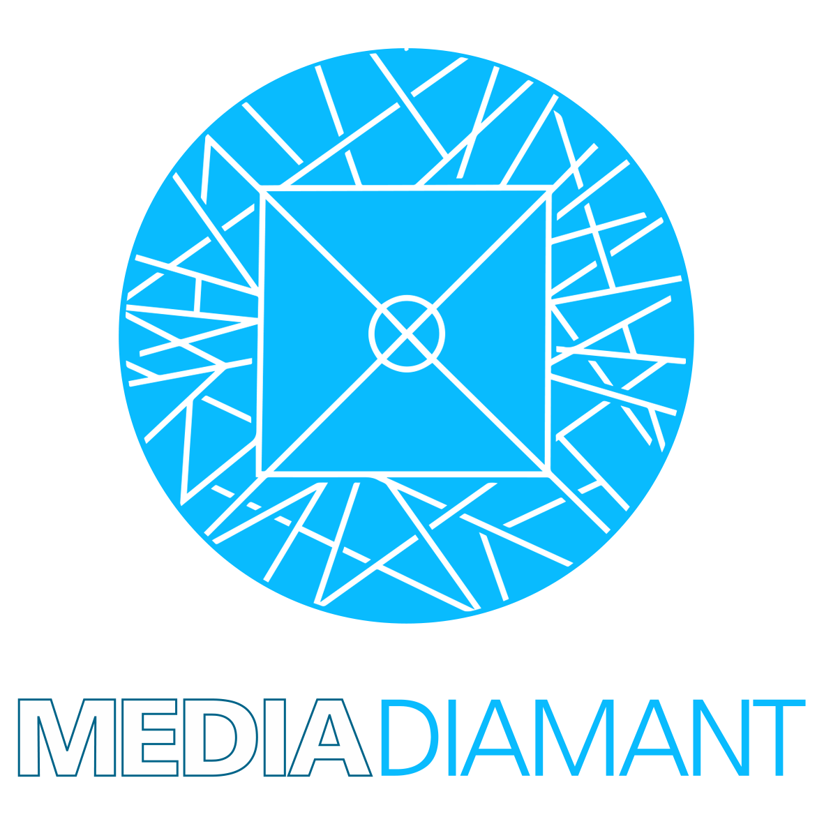 Blue circular logo with a geometric diamond shape in the center, intersected by lines creating a starburst pattern. Below, the words "MEDIADIAMANT" are written, with "MEDIA" in white and "DIAMANT" in blue.